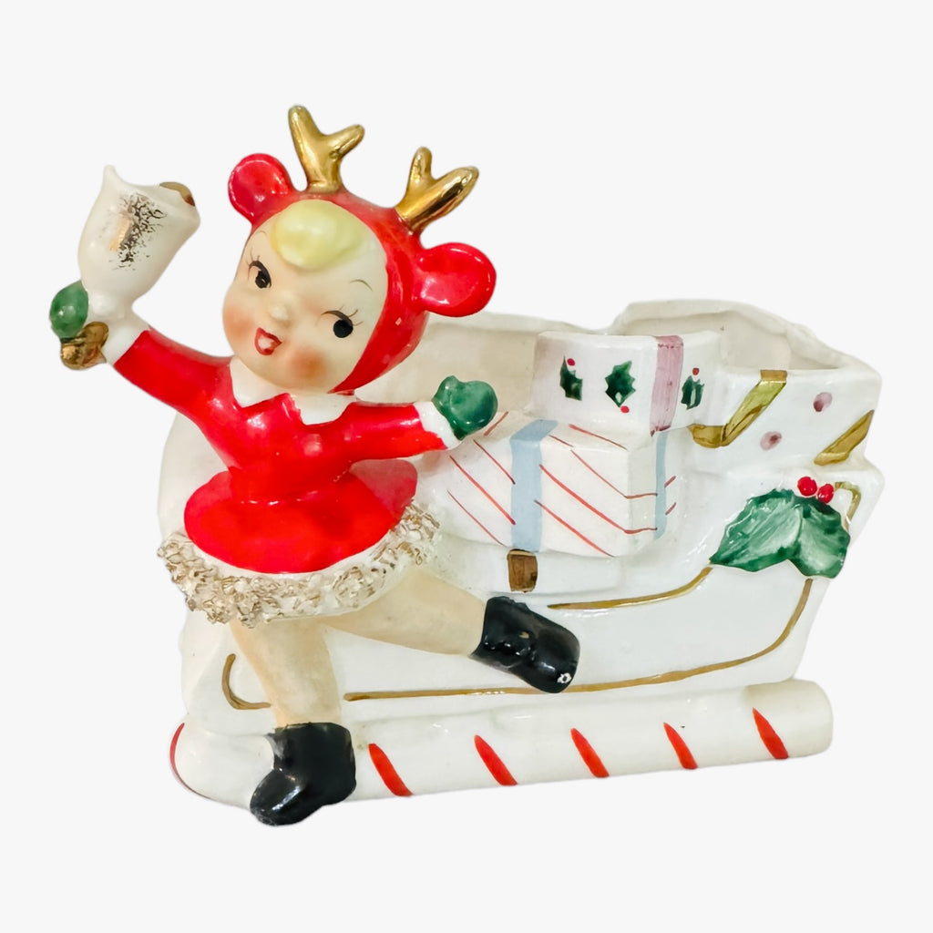 Vintage Christmas Relpo Rubens Skater Girl Reindeer Candy Cane Planter Sleigh Japan