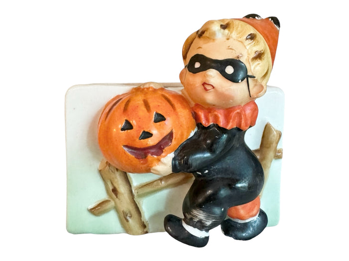 Vintage Relpo Halloween Boy wearing a Mask with Pumpkin Planter MCM Japan 1950s