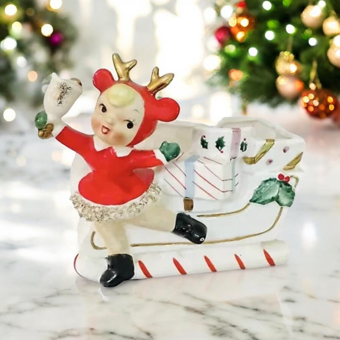 Vintage Christmas Relpo Rubens Skater Girl Reindeer Candy Cane Planter Sleigh Japan