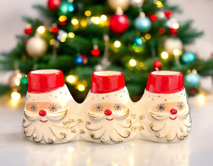 Vintage Holt Howard Starry Eyed Santa 3 Candleholder Candelabra 1959 Japan MCM Atomic