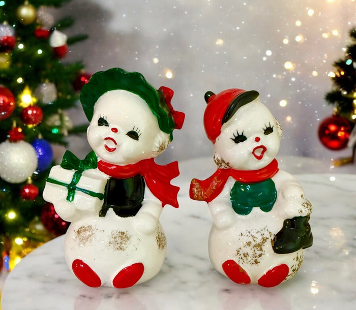 Vintage Napco Christmas Snowman Mr & Mrs Salt and Pepper Shakers Figurines Japan MCM 1950s