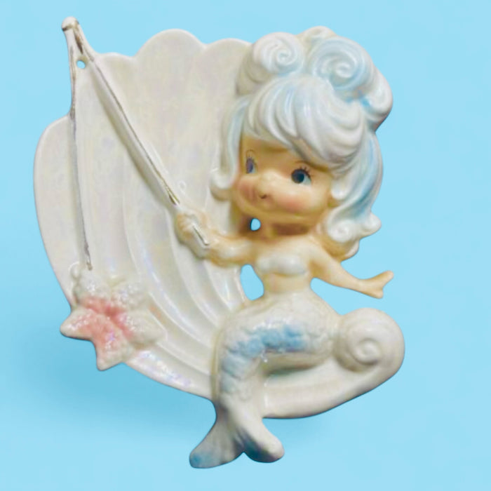 Ultra Rare Vintage 1950s Lefton Norcrest Mermaid Wall Plaque Fishing with Starfish MCM Japan Kitsch