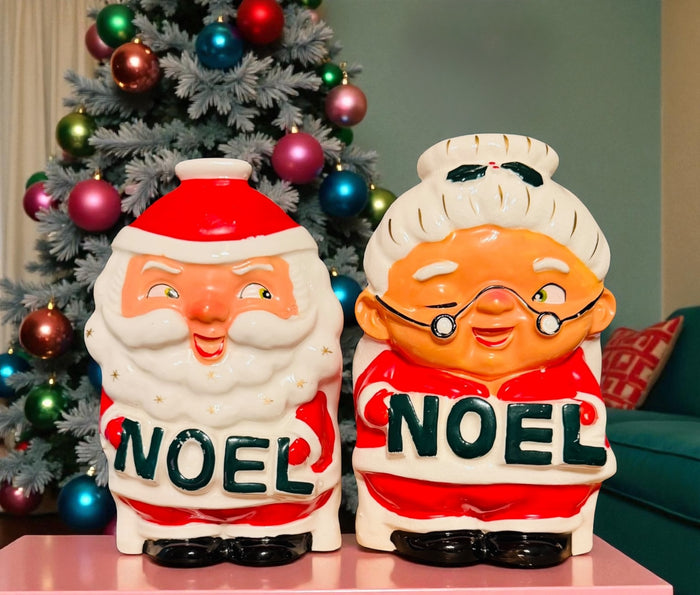 Vintage Holt Howard NOEL Santa & Mrs. Claus Planter Candy Cane Holders MCM Christmas Japan RARE 1950s