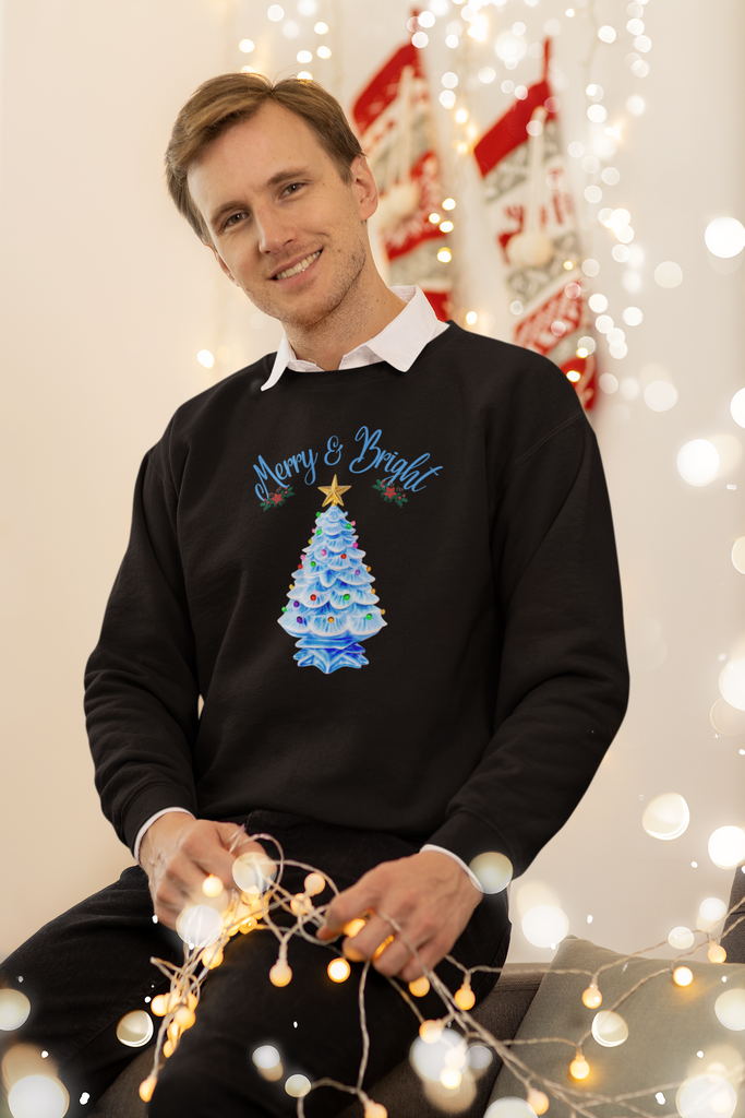 Merry and Bright Blue Ceramic Christmas Tree Sweatshirt