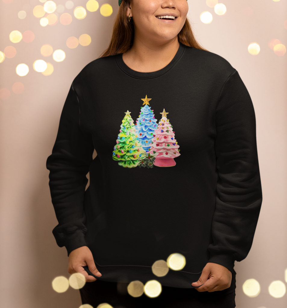 Glistening Ceramic Christmas Tree Trio Unisex Crewneck Sweatshirt