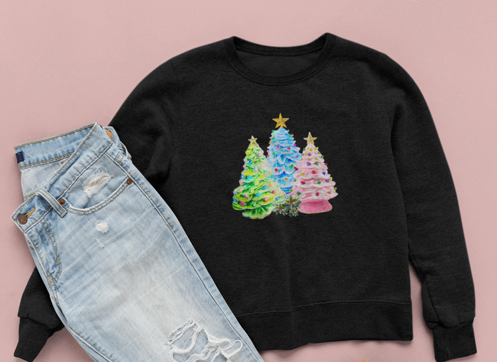 Glistening Ceramic Christmas Tree Trio Unisex Crewneck Sweatshirt