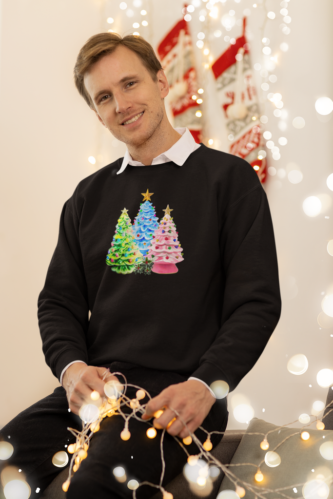 Glistening Ceramic Christmas Tree Trio Unisex Crewneck Sweatshirt