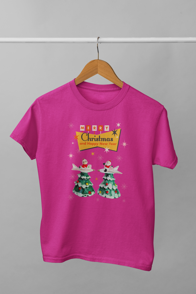 Blast Off to Christmas: Santa & Mrs. Claus's Retro Rocket Adventure Pink T-Shirt