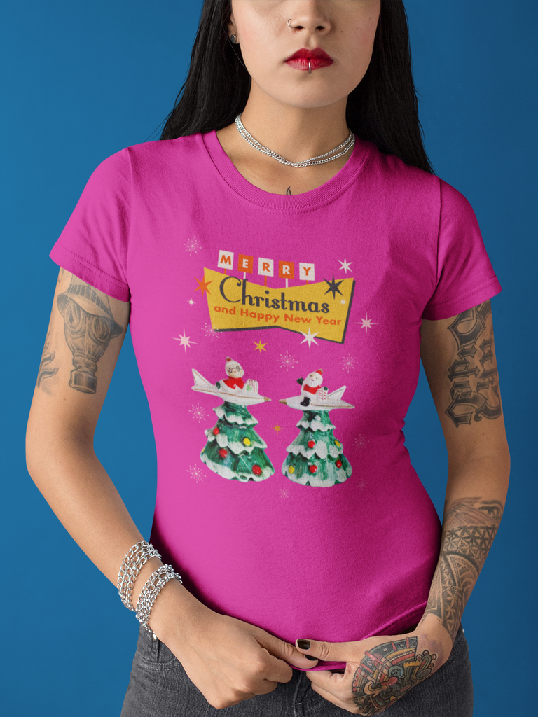 Blast Off to Christmas: Santa & Mrs. Claus's Retro Rocket Adventure Pink T-Shirt
