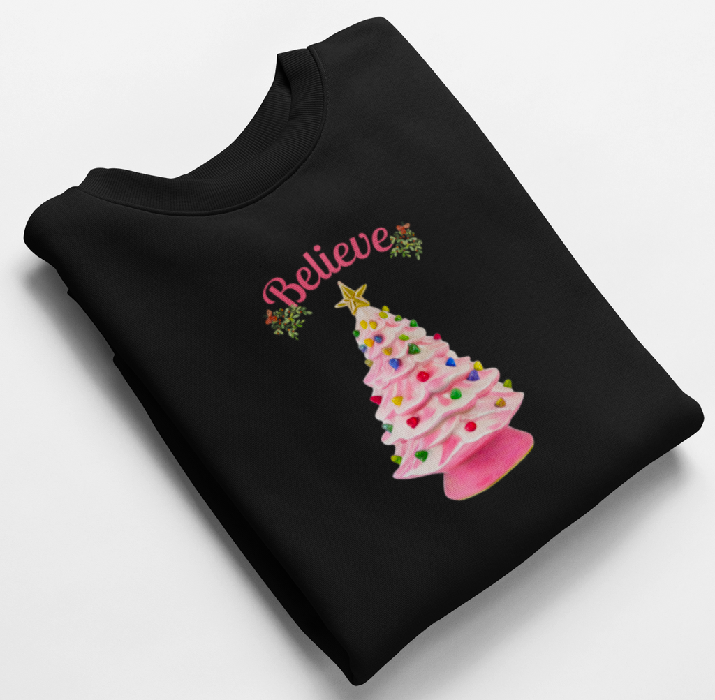 Believe Pink Ceramic Christmas Tree Holiday Sweatshirt