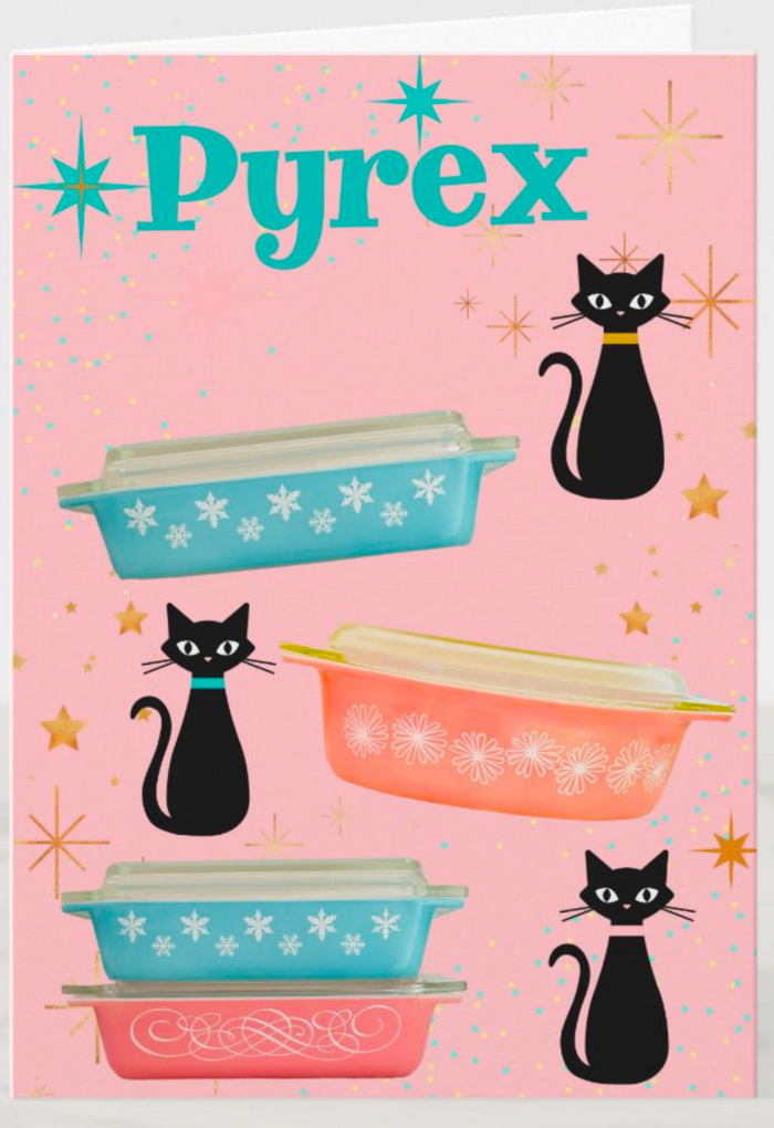 Vintage Pink Pyrex Love Retro Black Mid-Century Cats Greeting Card