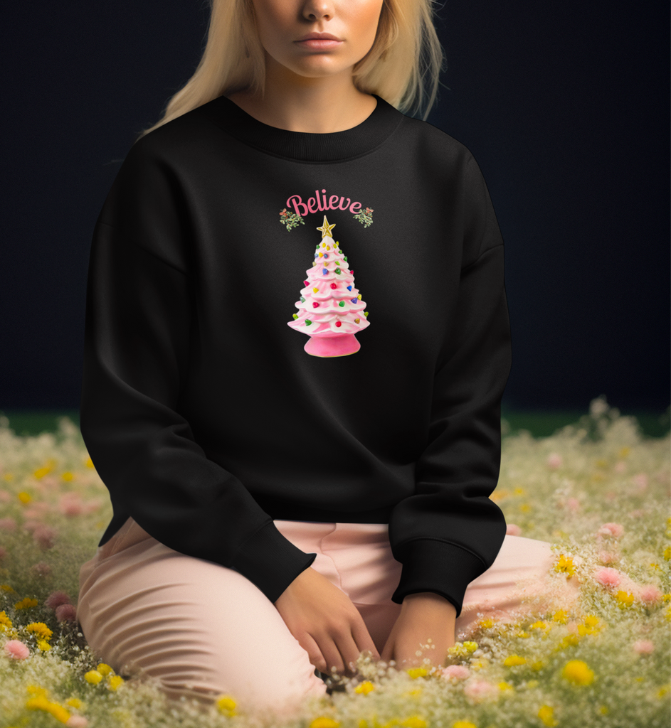 Believe Pink Ceramic Christmas Tree Holiday Sweatshirt