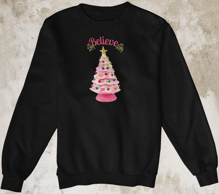 Believe Pink Ceramic Christmas Tree Holiday Sweatshirt