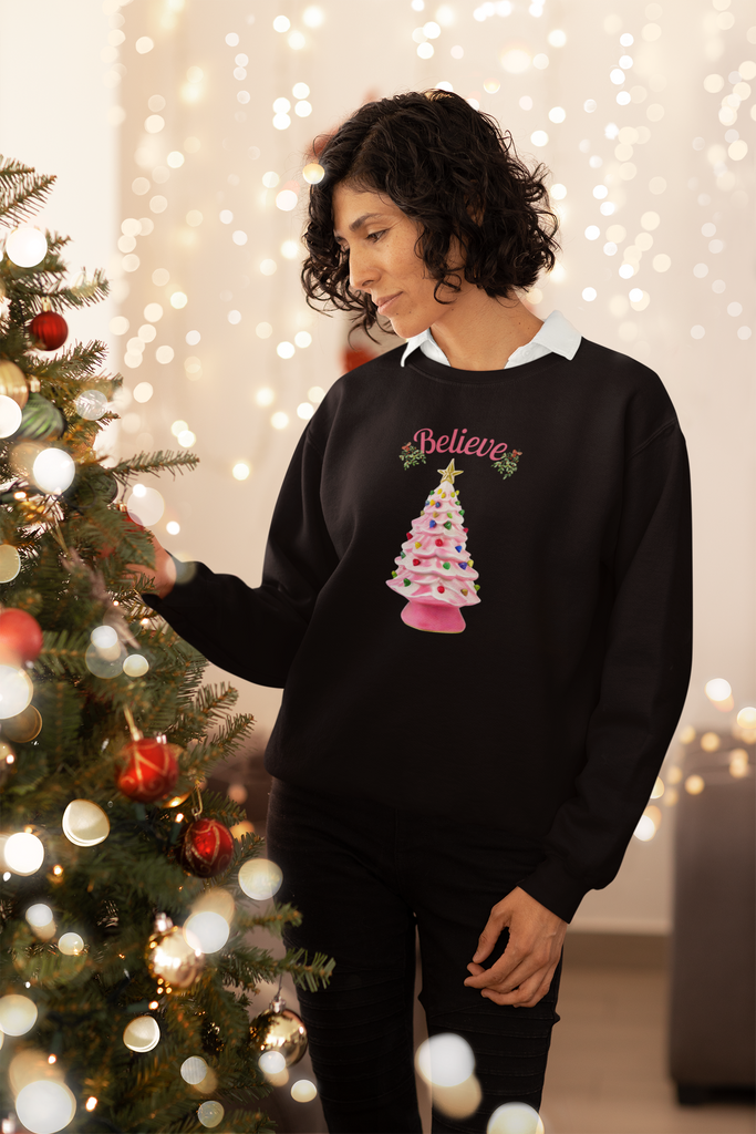 Believe Pink Ceramic Christmas Tree Holiday Sweatshirt