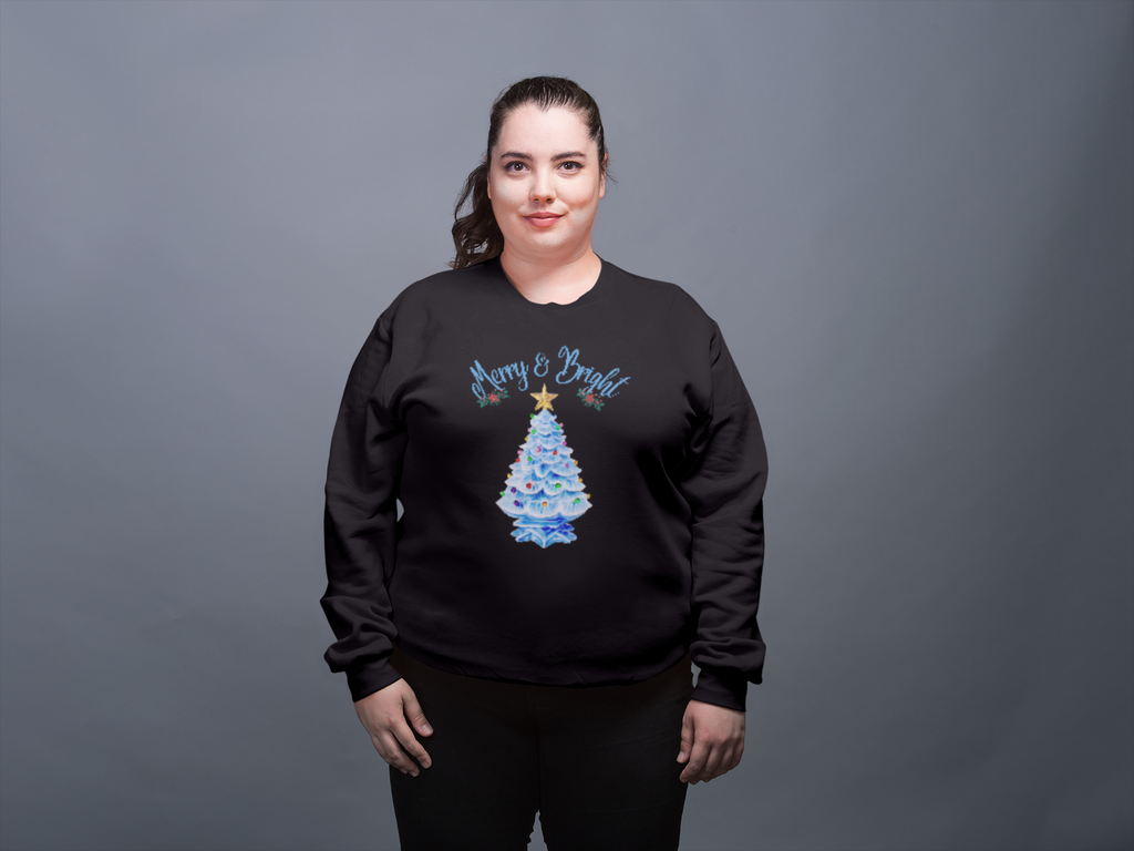 Merry and Bright Blue Ceramic Christmas Tree Sweatshirt