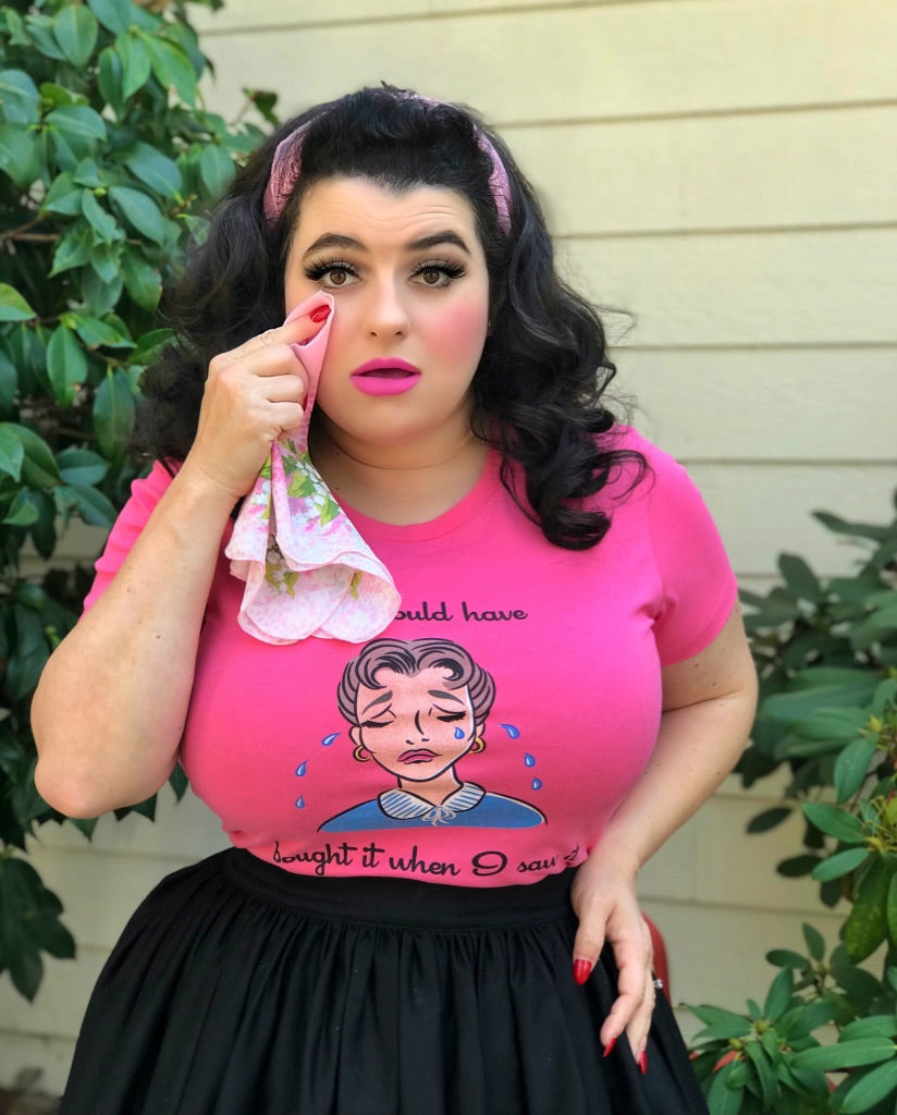 Pink Sad Crying Pinup Girl Shopping Ladies T-Shirt