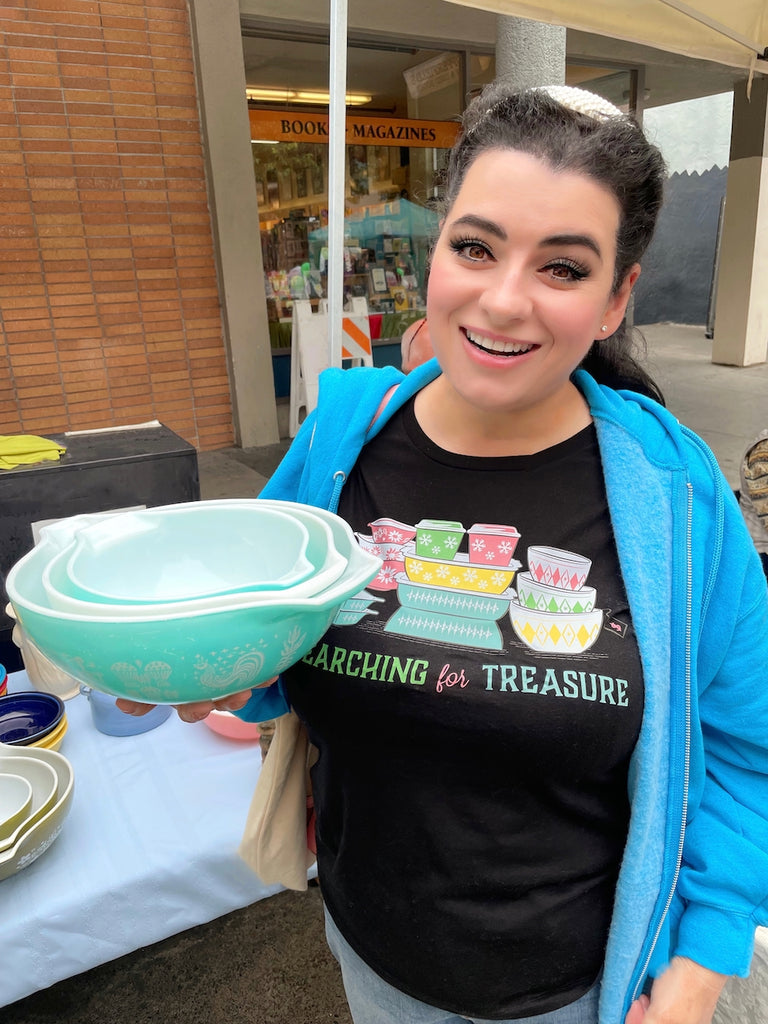 Vintage Pyrex Searching for Treasure T-Shirt Pink Flannel Flowers Pyrex, Agee Pyrex Dotted Diamonds, Turquoise Spears and Snowflakes