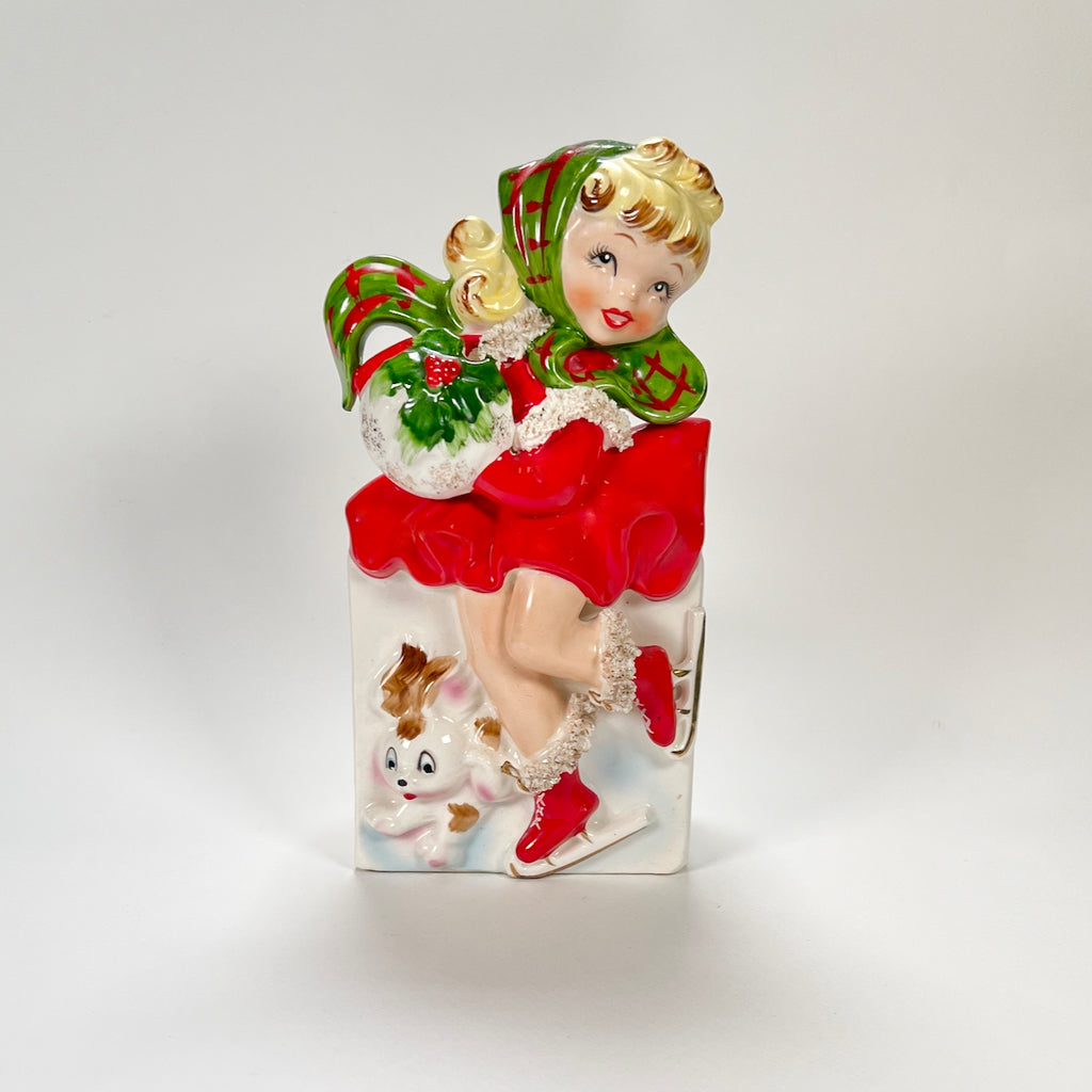 Vintage Relpo Christmas Ice Skating Skater Girl Puppy Dog Planter Japan 1950s Relco Napco Lefton Norcrest Retro MCM