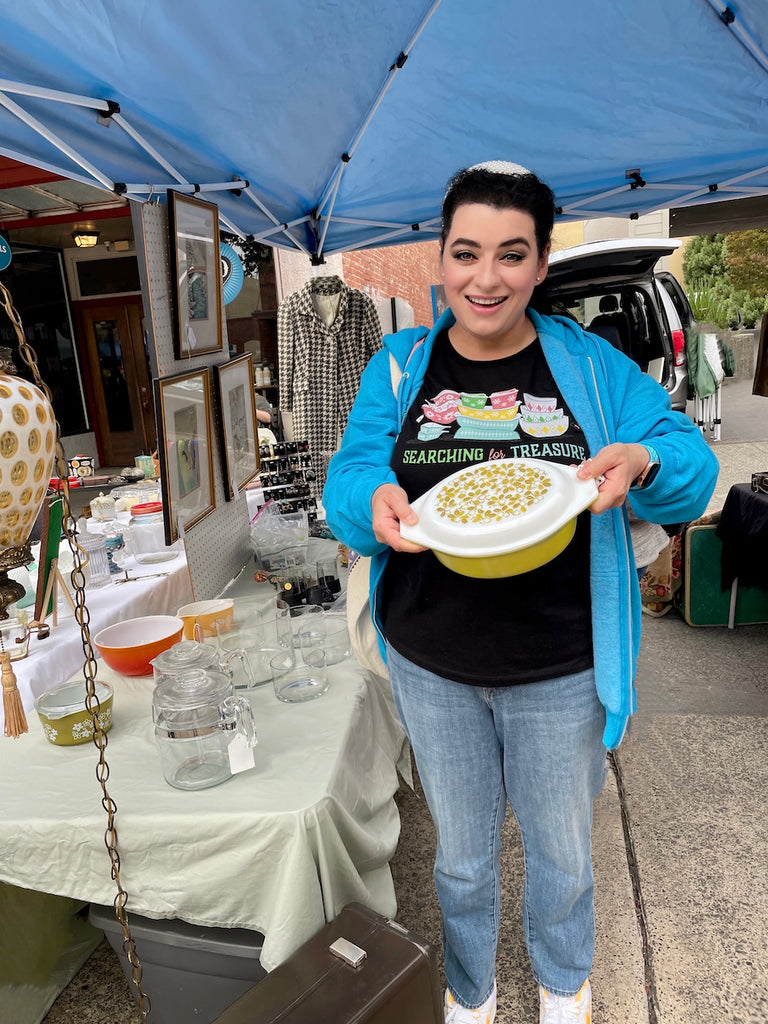 Vintage Pyrex Searching for Treasure T-Shirt Pink Flannel Flowers Pyrex, Agee Pyrex Dotted Diamonds, Turquoise Spears and Snowflakes