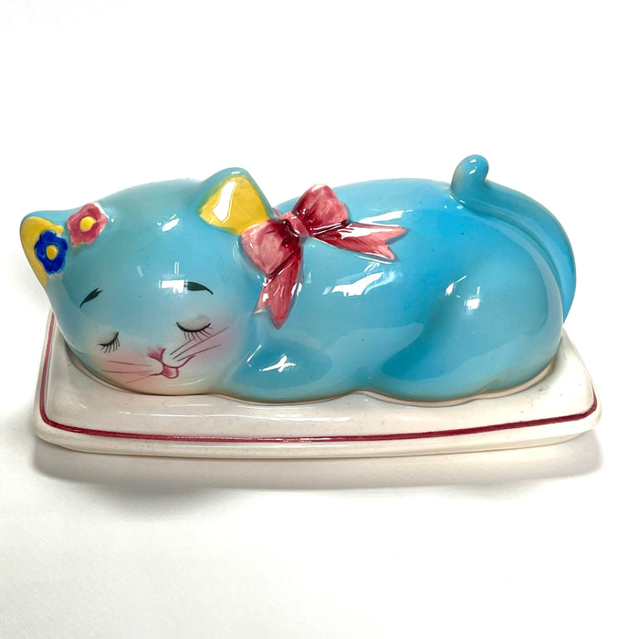 Vintage Anthropomorphic Norcrest Blue Cat Butter Dish RARE 1950s Japan Kitsch