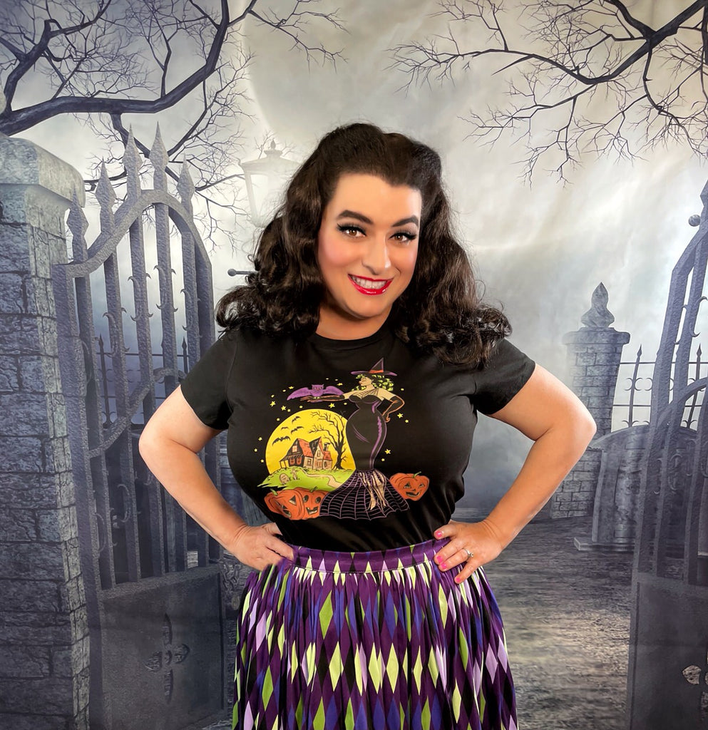 Pinup Halloween Retro Witch with Bat and Haunted House