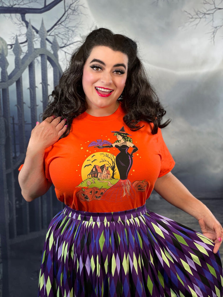 Pinup Halloween Retro Witch with Bat and Haunted House