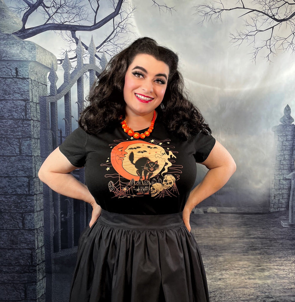 Retro Fall and Halloween Moonlight Black Cat and Skulls T-Shirt