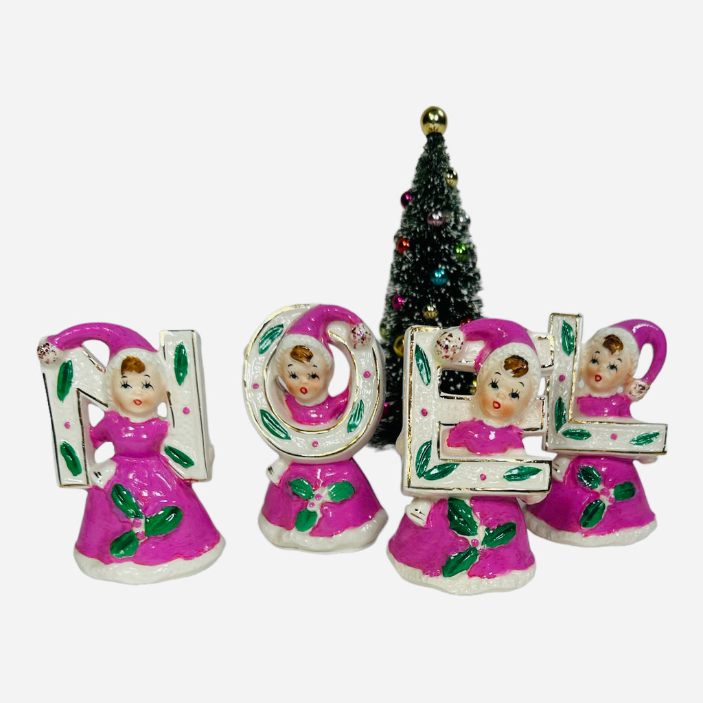 Vintage Christmas NOEL Pink Holly Girls JAPAN 1950s Mid-Century Upcycled Pastel Christmas Kitsch