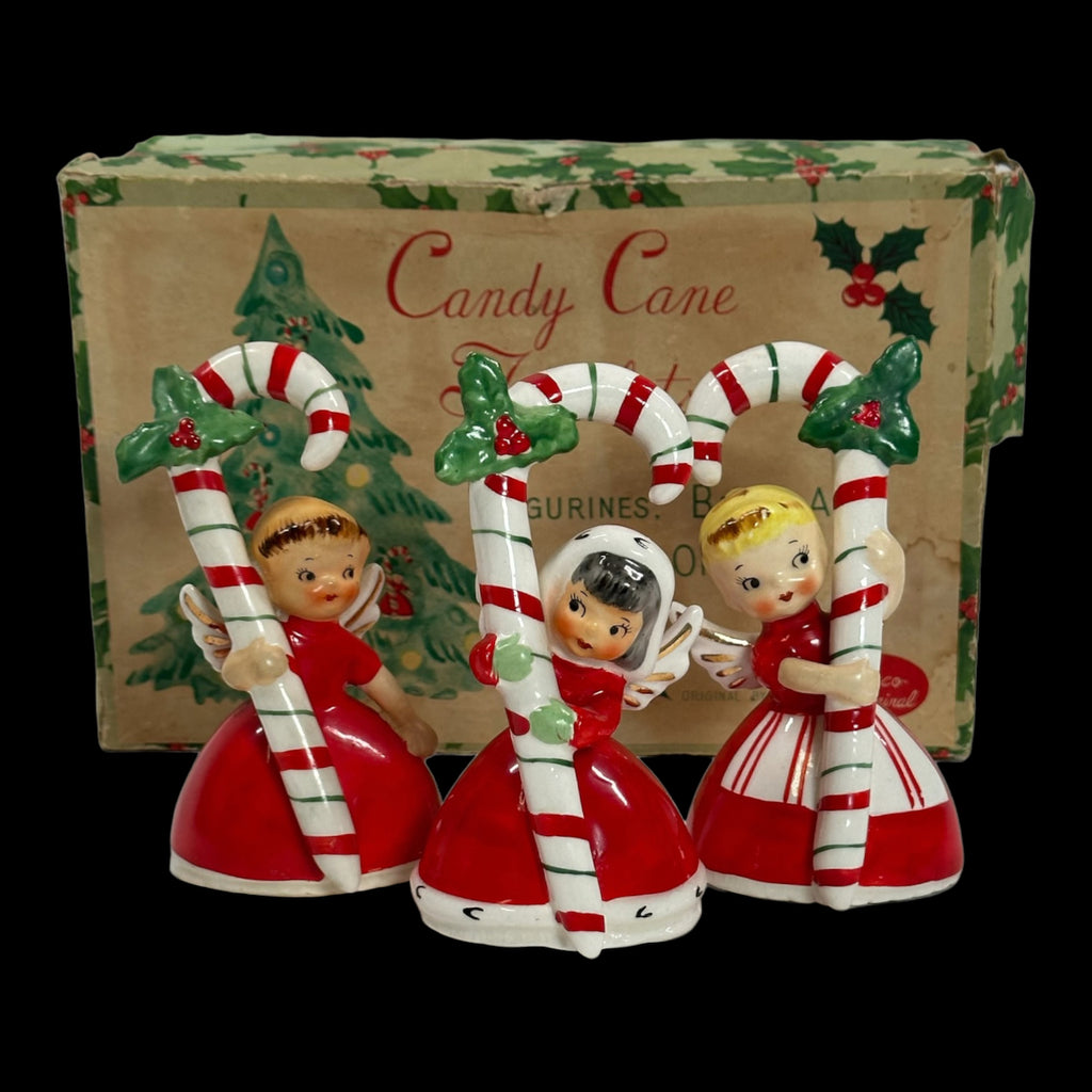 RARE Vintage Napco 1956 Candy Cane Christmas Angels Bells Trio 3 with Box Midcentury Japan