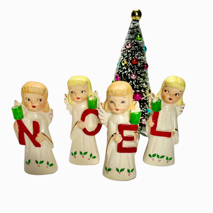 Vintage NOEL Angel Holly Norcrest Girls Christmas Candleholders JAPAN Lefton 1950s Figurines Napco
