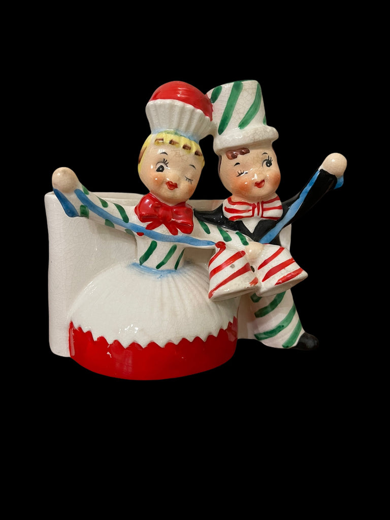 Vintage Christmas Relpo Cupcake Candy Lady and Man Couple Planter 1950s