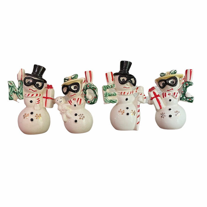 Vintage Christmas Ceramic Ski Goggle Mr & Mrs Snowman Noel Candle Holders