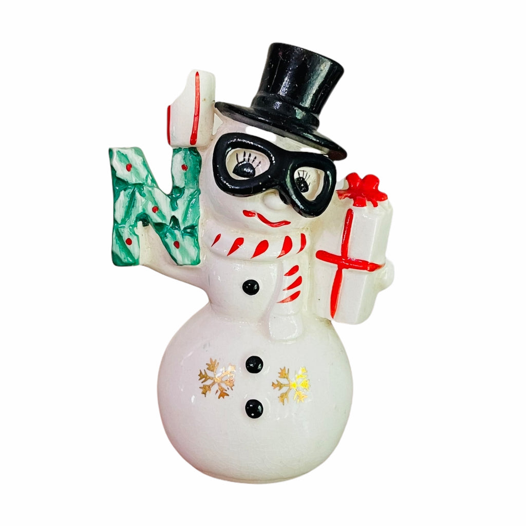 Vintage Christmas NOEL Snowman with Ski Googles Candle Holders