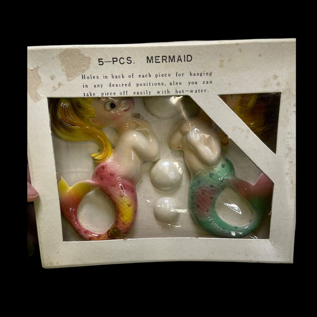 Vintage PY Ucagco Mermaid Wall Plaques 2 Pair Girls with Bubbles with Original Box 1950s