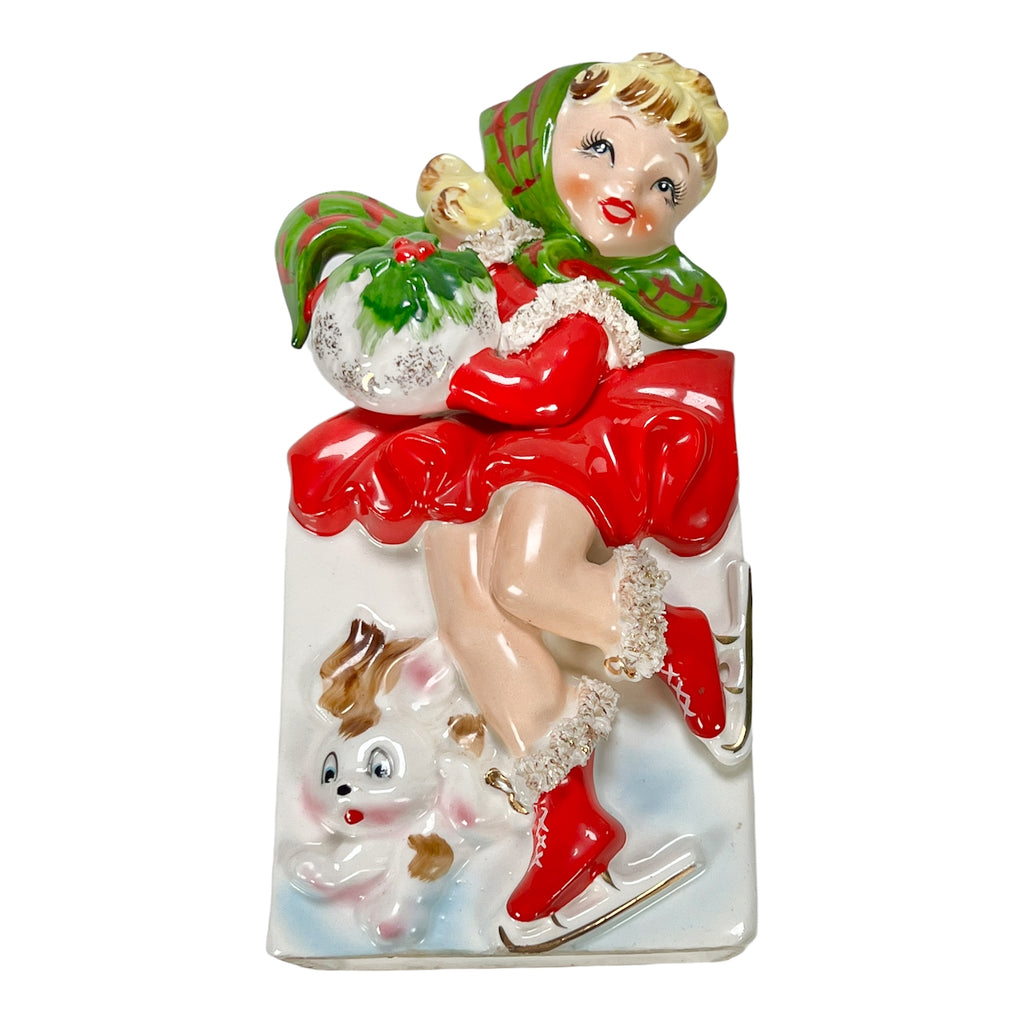 Vintage Relpo Christmas Ice Skating Skater Girl Puppy Dog Planter Japan 1950s Relco Napco Lefton Norcrest Retro MCM