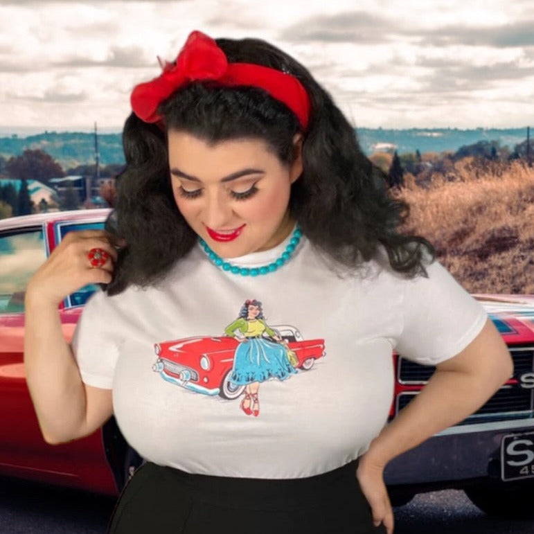 Vintage 1950s Red Ford Thunderbird Ladies T-Shirt - Vintage Car Enthusiast Tee Mid-Century