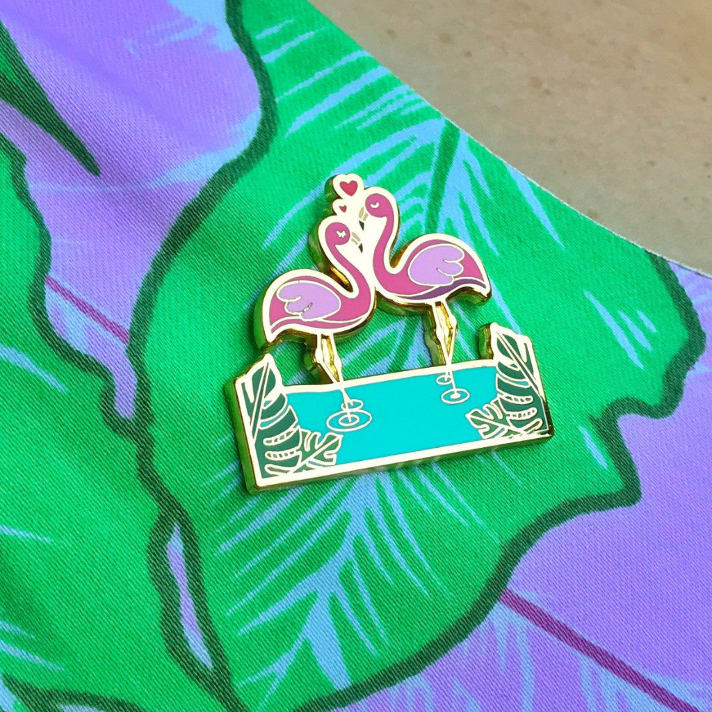 Kitschy Retro Flamingo Tiki Love Pin Pinup Girl  - Gold