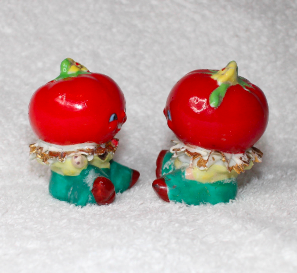 Vintage Anthropomorphic Tomato Red Salt Pepper Shakers Veggie Heads Retro