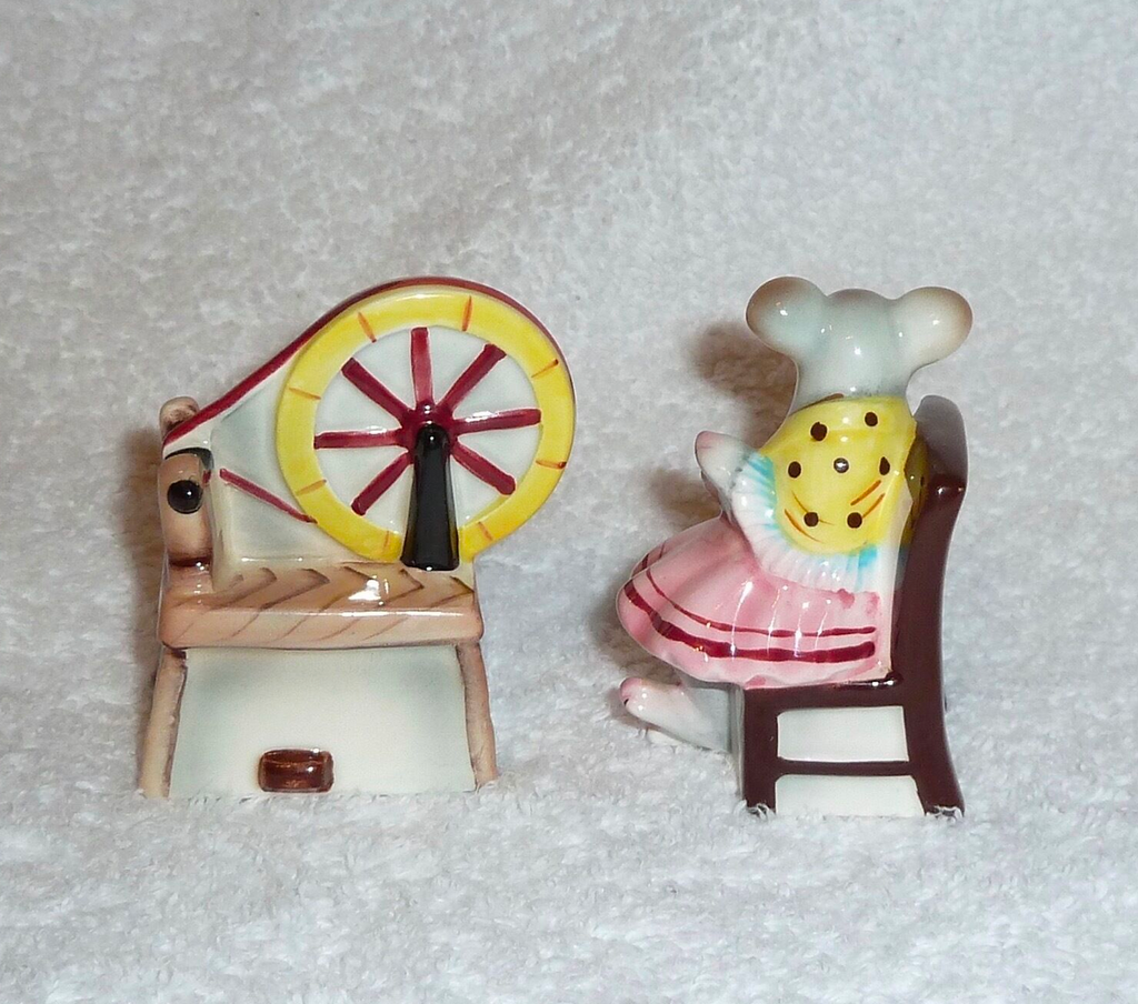 Vintage Anthropomorphic PY Mouse Lady Girl Spinning Wheel Salt & Pepper Shakers