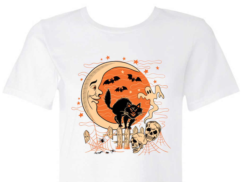 Retro Fall and Halloween Moonlight Black Cat and Skulls White T-Shirt