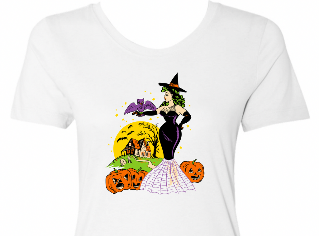 2021 Halloween Pinup Witch with Bat and Haunted House