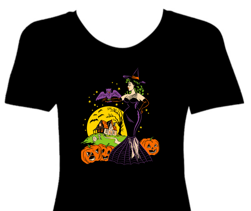 Vintage Halloween Retro Pinup Witch with Bat and Haunted House