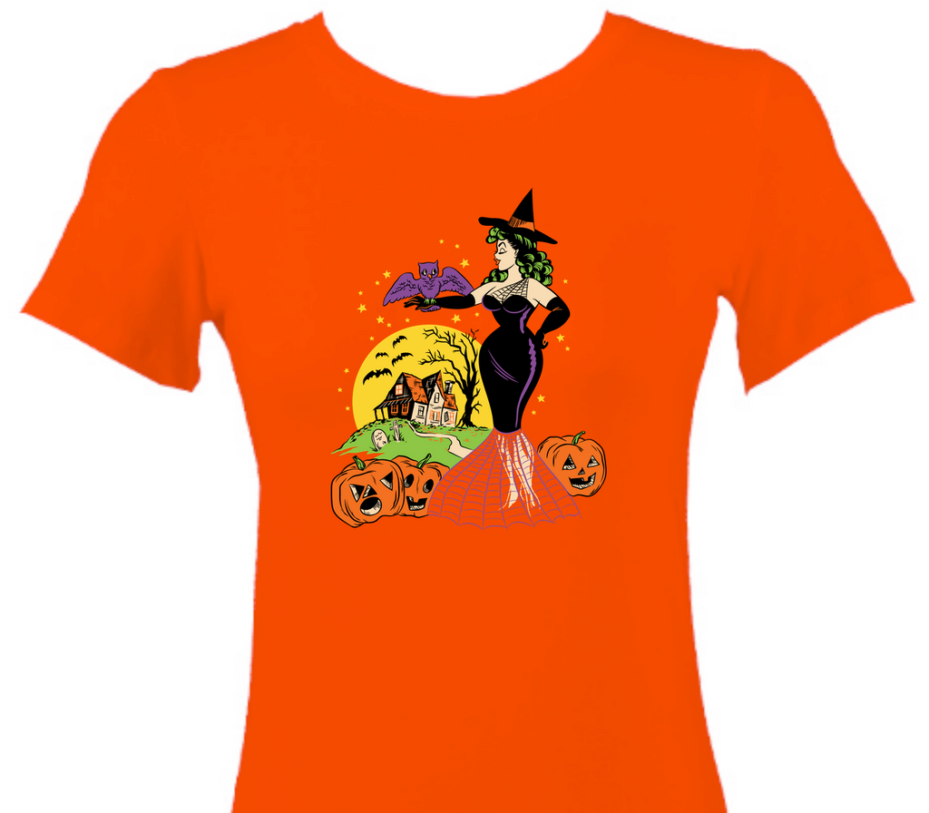 Pinup Halloween Retro Witch with Bat and Haunted House