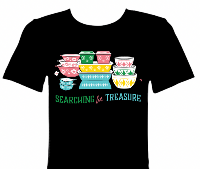 Vintage Pyrex Searching for Treasure T-Shirt Pink Flannel Flowers Pyrex, Agee Pyrex Dotted Diamonds, Turquoise Spears and Snowflakes