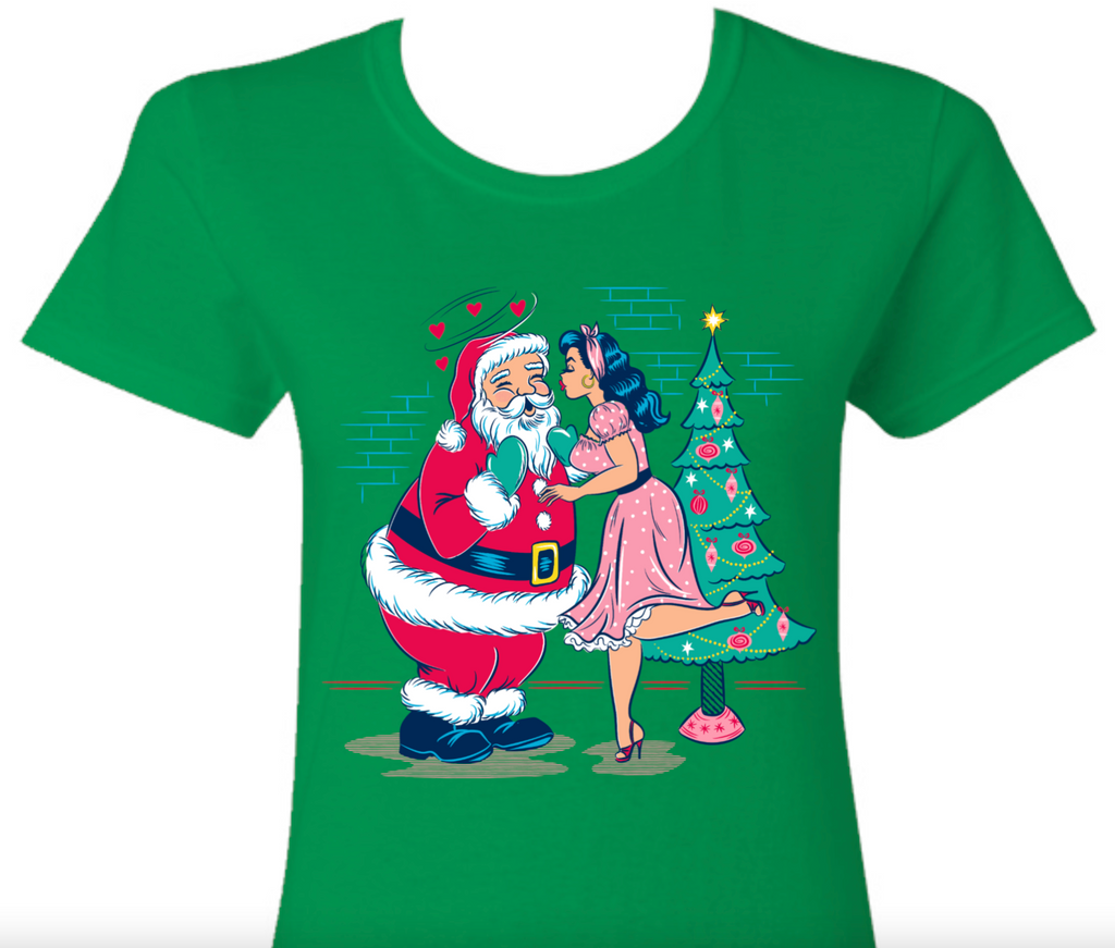 A Kiss for Santa Claus Christmas Pinup Rockabilly T-Shirt