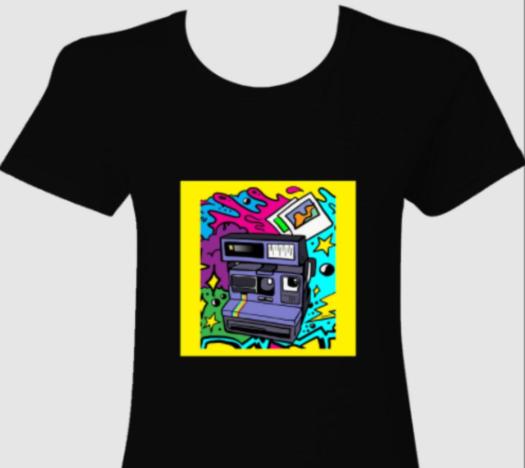 Retro Flashback 80s Polaroid Instant Camera Photography Ladies Black T-Shirt