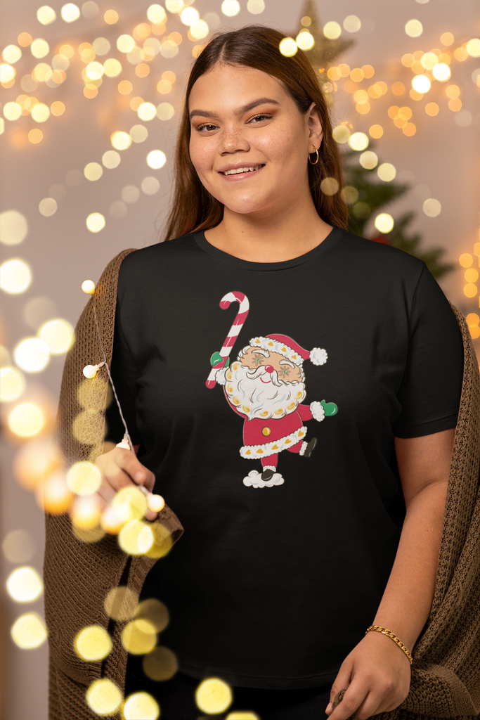 Christmas Starry Eyed Santa with Candy Cane Black Women's T-Shirt