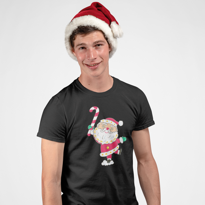 Starry Eyed Santa Claus with Candy Cane Men's Black T-Shirt