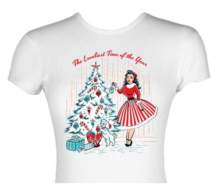 Vintage Christmas Holiday Pinup Girl Decorating Christmas Tree Print Cotton Top