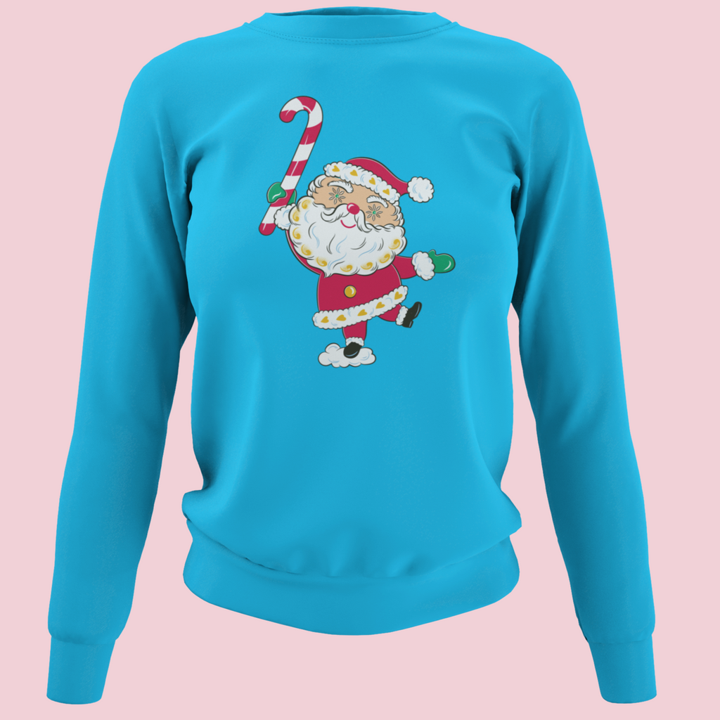 Christmas Starry Eyed Santa Claus Candy Cane Women's Turquoise Blue Sweatshirt